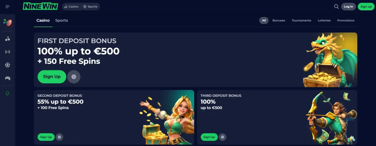 Ninewin casino promotions page with current welcome and recurring bonus cards