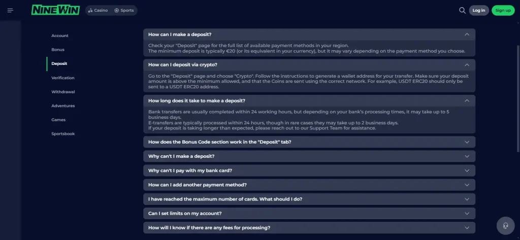 Ninewin payment page showing Banking, Visa, MasterCard, Crypto, Skrill and Paysafecard