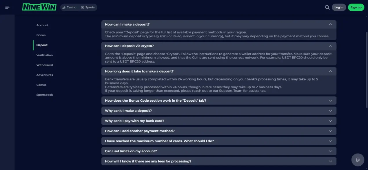 Ninewin payment page showing Banking, Visa, MasterCard, Crypto, Skrill and Paysafecard