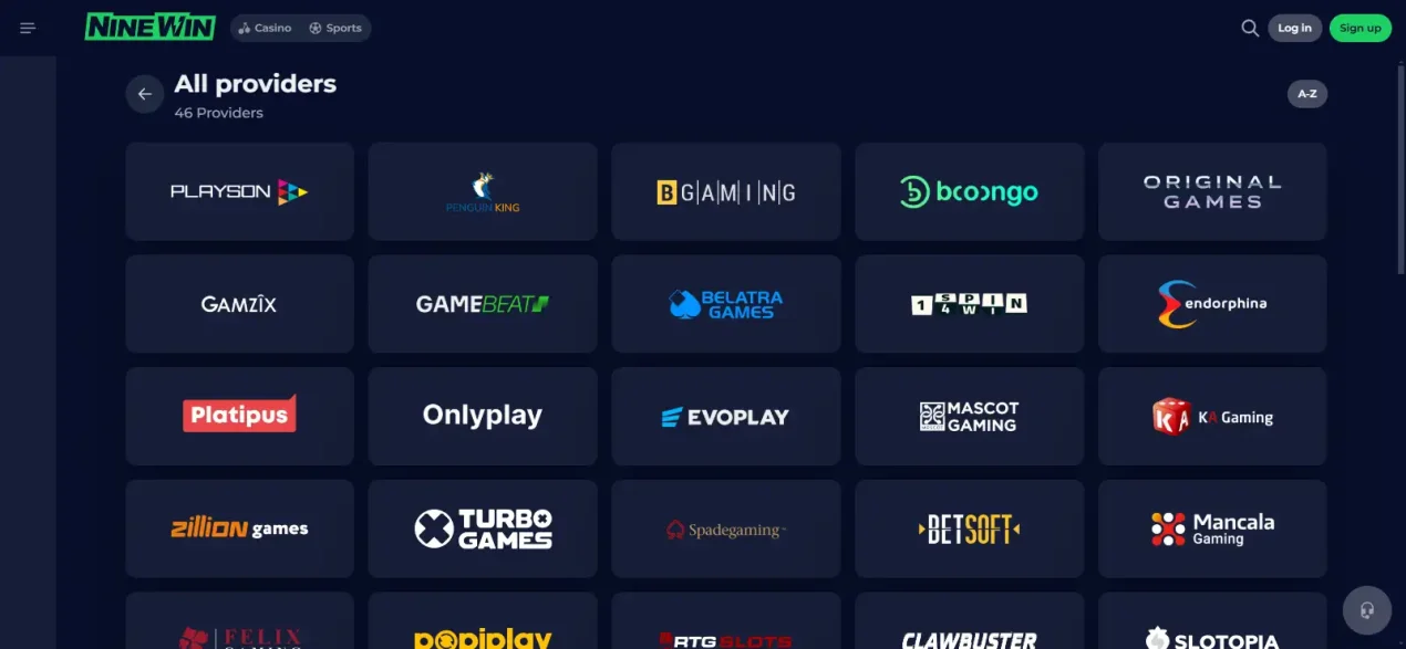 Ninewin provider directory showing the current casino software catalogue