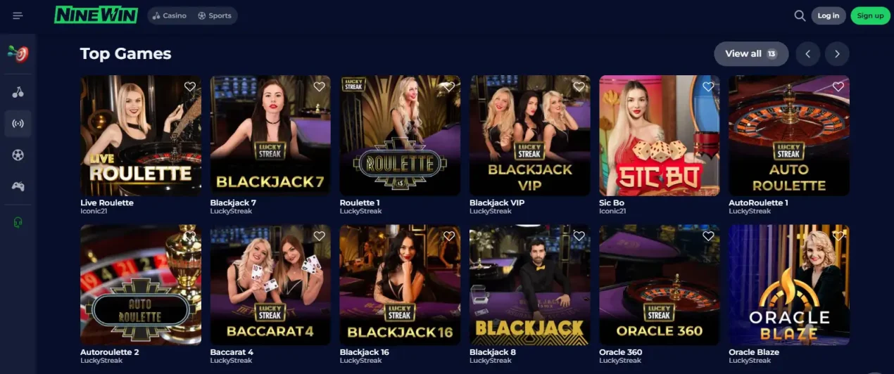 Ninewin live casino page showing current live tables and Evolution game-show titles