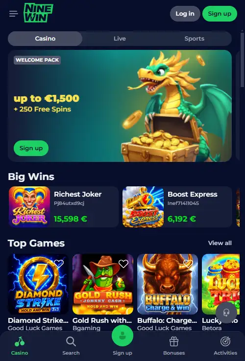 Ninewin official website displayed in a narrow mobile browser viewport