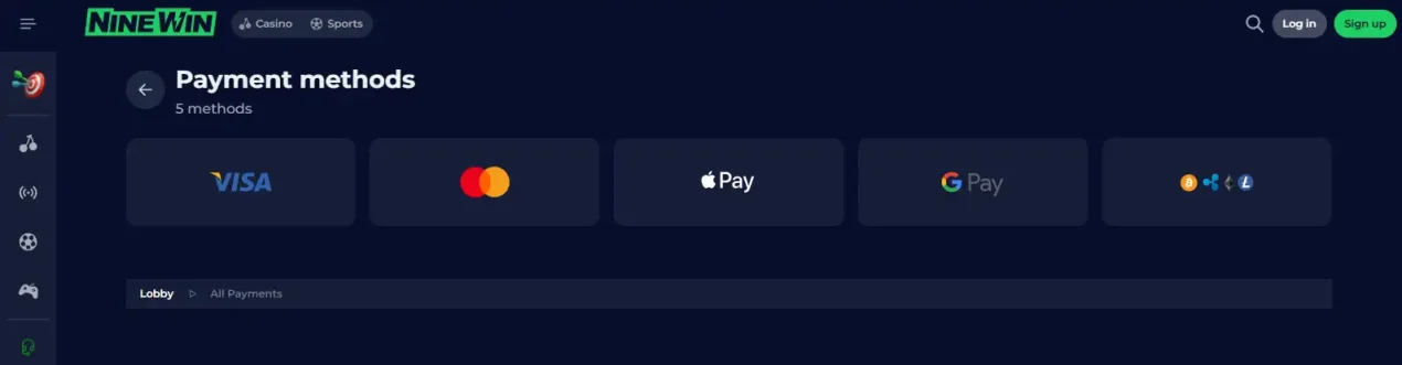Ninewin payment methods page showing Banking, Visa, MasterCard, Crypto, Skrill and Paysafecard