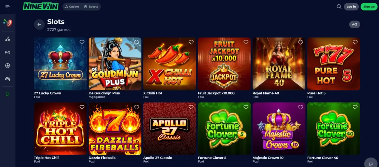Ninewin casino slot grid and provider browsing view