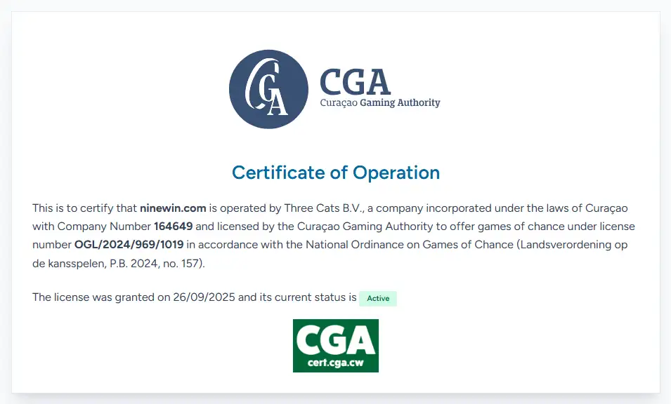 Curaçao Gaming Authority certificate for ninewin.com operated by Three Cats B.V.