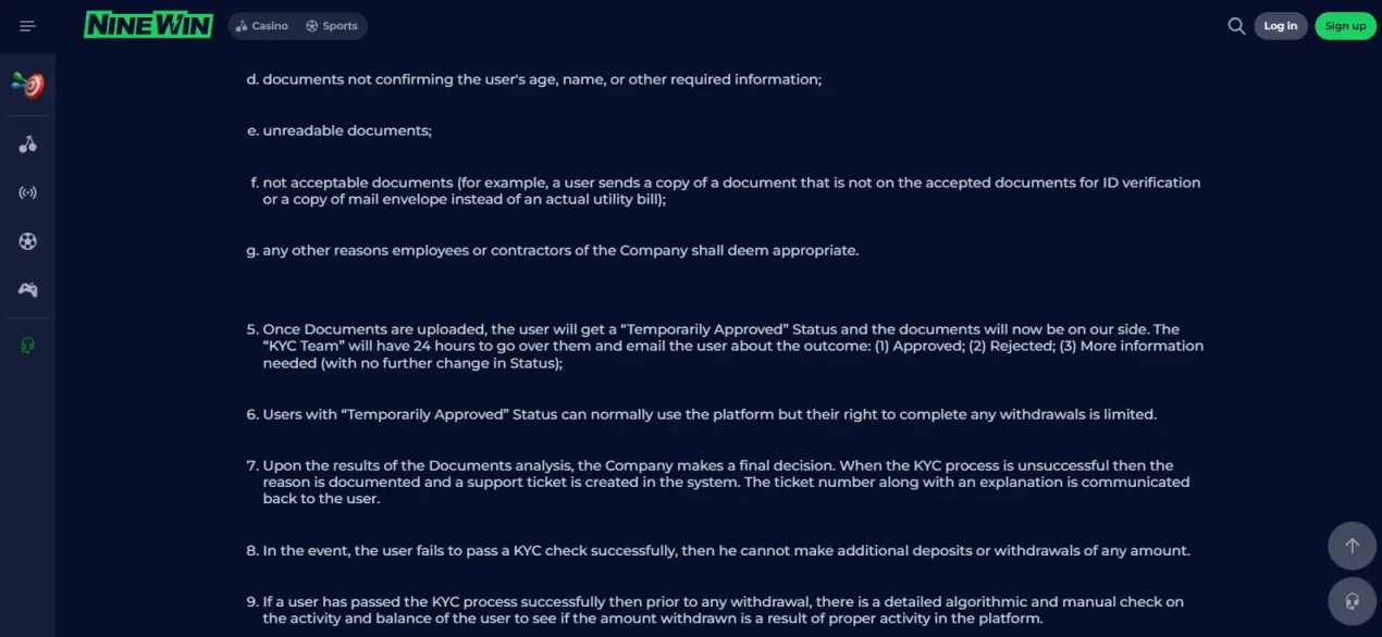 Ninewin official KYC policy showing identity and address document categories
