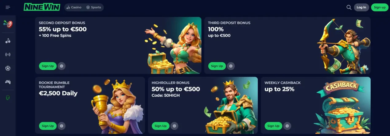 Ninewin first, second and third deposit welcome bonus cards