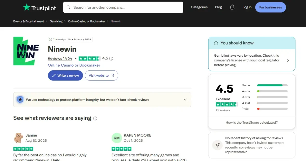 Current Ninewin Trustpilot review profile showing recent customer feedback