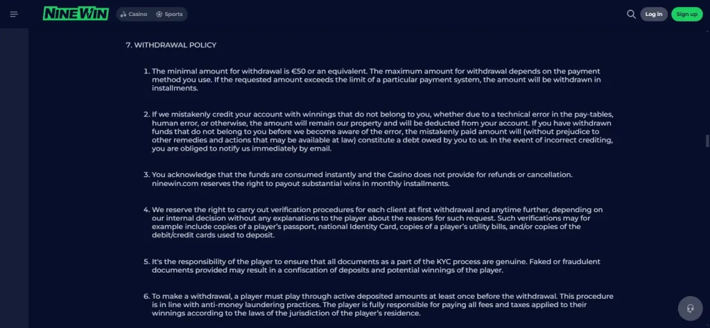 Ninewin official terms section covering withdrawal limits, processing and verification